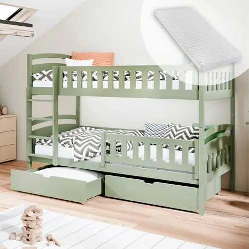 Hochbett 90x200 cm mit zwei Matratzen und Schubladen - Funktionales Etagenbett aus massivem FSC Kiefernholz, umbaubar in zwei Einzelbetten, inkl. Rausfallschutz und Stauraum für mehr Ordnung im Kinderzimmer.