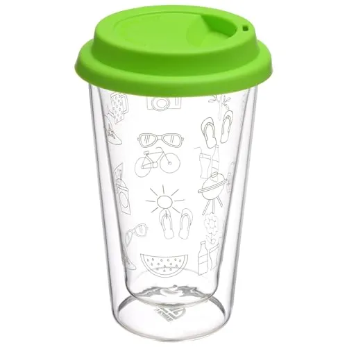 GRÄWE Thermoglas, Thermobecher, Trinkglas aus Borosilikat-Glas, Doppelwandiger Becher, 300 ml, spülmaschinengeeignet, für Heiß und Kalt, mit To-Go-Deckel, Grün
