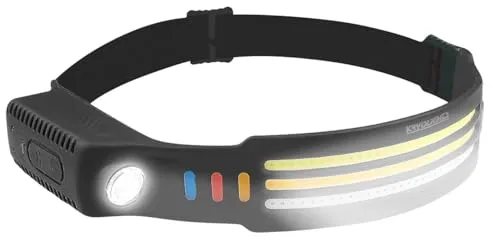 KryoLights Kopflampe: Akku-Stirnlampe & Flutlicht, 3 SMD-COB-LED-Bänder, Warnlicht, 3.000 lm (Stirnleuchten, LED Kopflampen, Lampe mit Bewegungsmelder)