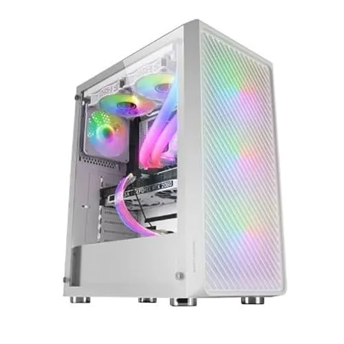 Mars Gaming MC-F Weiß, ATX Gaming Semitower, Vollvergütetes Glasfenster, Metal-Mesh Front, 4X 120mm ARGB Lüfter