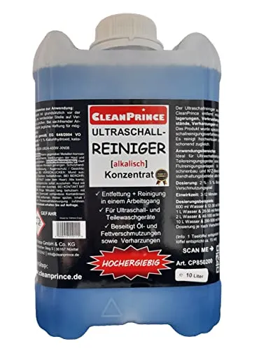CleanPrince Ultraschallreiniger 10 Liter alkalisch flüssig | für Teilewaschgeräte Ultraschallreinigungsmittel Öl Fett und Harz Ultraschall