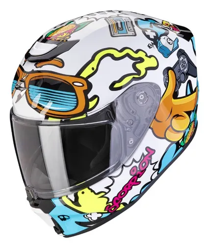 Scorpion EXO-JNR Kinder-Motorradhelm FUN weiß-blau Gr. S 48/49 - Motorradhelm für Kinder mit Airfit-System für individuelle Passform und verbesserte Beschlagfreiheit, ideal für Sicherheit und Komfort.