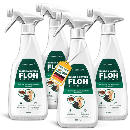 SILBERKRAFT Flohspray für Hunde und Katzen - Effektives Flohspray zur Bekämpfung von Ungeziefer bei Haustieren. Mit natürlichem Geraniol als Repellent, einfach anzuwenden und ohne schädliche Stoffe. Schütze deine Vierbeiner zuverlässig!