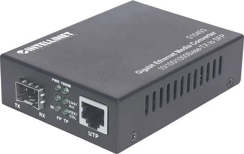 Intellinet Medienkonverter 510493 - Media Converter für Ethernet, Fast Ethernet und Gigabit Ethernet, unterstützt RJ-45 und SFP, ideal für flexible Netzwerkintegration und hohe Datenübertragungsraten.