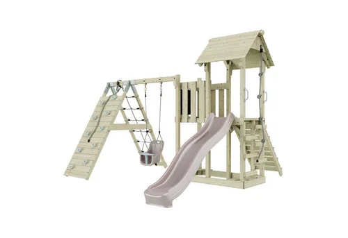 OutdoorToys Spielturm - Schaukel und Spielturm aus Holz in Altrosa, ideal für Kinder ab 3 Jahren. Sicherer Spielspaß unter Aufsicht für den Garten.