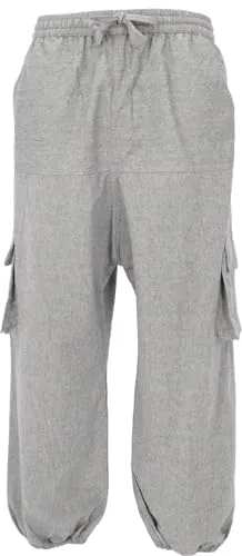GURU SHOP Goahose - Bequeme Herren Yoga Hose in Grau aus Baumwolle - Wanderhosen mit tiefem Schritt, seitlichen Taschen und elastischem Bund. Ideal für Frühling und Herbst, perfekt für entspannte Freizeitaktivitäten.
