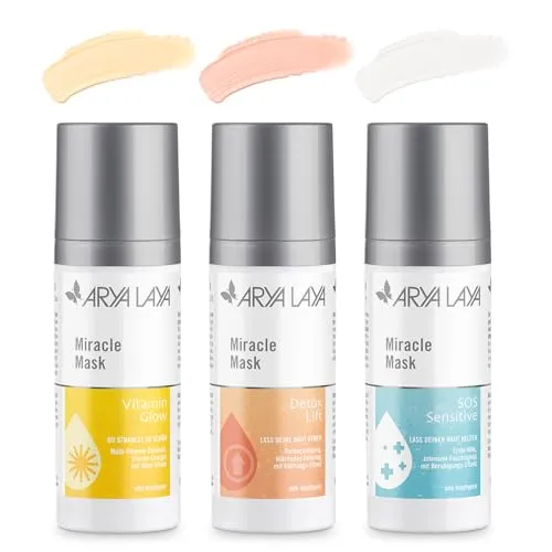 Produktbild ARYA LAYA Miracle Mask Trio, 3 x 30 ml: pflegende Gesichtsmasken im Set, für alle Hauttypen: mit Glow-Effekt, Glättungs-Effekt & Beruhigungs-Effekt
