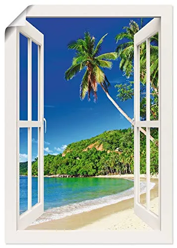 ARTLAND Wanddeko Poster & Kunstdrucke Wandposter 70x100 cm Fensterblick Karibik Südsee Strand Meer Insel Palmen Meerblick S9IC