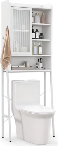 COSTWAY Toilettenschrank freistehend – Badezimmerregal mit verstellbaren Regalen, 63 x 29 x 170 cm (Weiß) - Praktischer Toilettenschrank mit 3 höhenverstellbaren Regalen für flexiblen Stauraum. Kippsicherungen sorgen für Sicherheit, während das rustikale Design Ihrem Badezimmer einen charmanten Akzent verleiht.