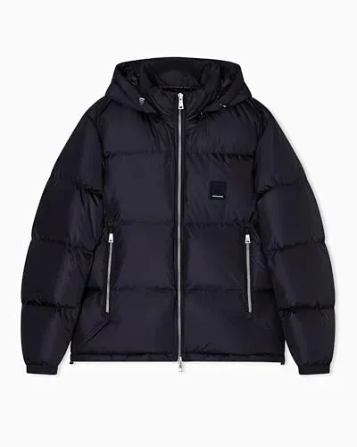 Armani Exchange Giubbotto Uomo - Daunenjacke in Schwarz, Größe L - Funktionsjacke aus glänzendem Nylon mit abnehmbarer Kapuze und Reißverschluss, ideal für Herbst und Winter. Stilvoll und funktional mit geprägtem Logo.