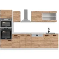 Vicco R-Line Küchenzeile 300 cm in Goldkraft Eiche/Weiß - Modulare Küchenzeile mit Hochschrank und eleganter Marmor-Arbeitsplatte, individuell anpassbar für perfekte Raumgestaltung und optimalen Komfort in Ihrer Küche.