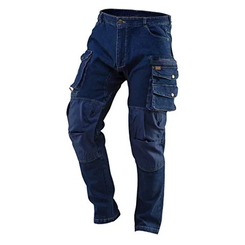 NEO TOOLS Schutzhose DENIM - Arbeitshose in XXL Blau - Modische und praktische Arbeitshose aus 98% Baumwolle mit Elasthan für hohen Tragekomfort. Ideal für den Alltag, mit Knieverstärkung und multifunktionalen Taschen.