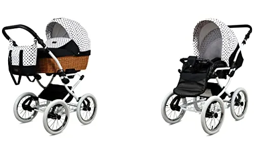 BabyLux ALU 2in1 Kinderwagen für Kleinkinder – Kinderwagen für Neugeborene und Kleinkinder – Baby Neugeborenen Kinderwagen – 59x105x125cm – Max. 15kg – Black Dots White Frame