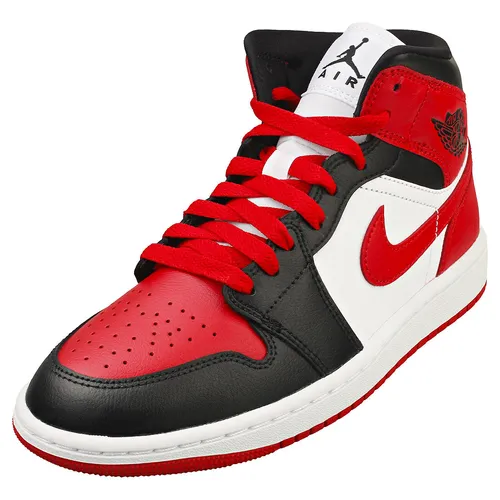 Nike Air Jordan 1 Mid Damen - Stylische Schwarz-Rote Sneaker in Größe 44 EU - Sneaker für Damen mit 2.7 cm Absatzhöhe, ideal für Berufskleidung. Trendiges Design aus Leder und Synthetik für maximalen Komfort.