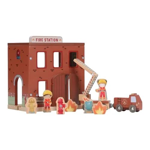 Produktbild Little Dutch Feuerwache Feuerwehrstation Holz mit Feuerwehrauto, Spielfiguren und Zubehör Ergänzung zur Holzeisenbahn Schienen