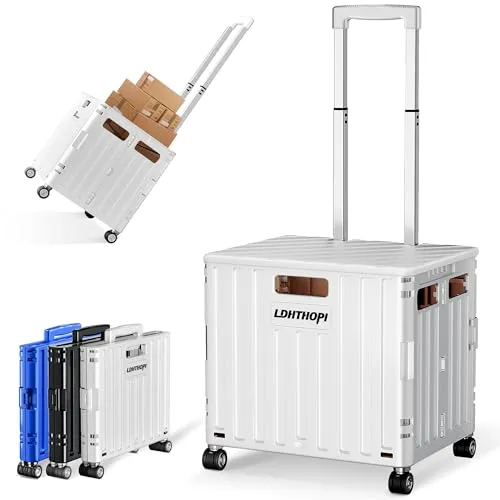 LDHTHOPI Einkaufstrolley klappbar 65L,MAX 50KG Trolley mit Teleskopgriff,4 Zerlegbaren Drehbaren Rädern,100 x 42 x 37 Hohe Kapazität Einkaufstrolley,für Einkaufen Picknick Aufbewahrungskiste,Weiß