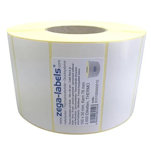 Thermo Etiketten auf Rolle - 100 x 50 mm - 2.600 Stück je Rolle - Kern: 76 mm - aussen gewickelt - permanent haftend - Druckverfahren: Thermodirekt (Drucken ohne Farbband)