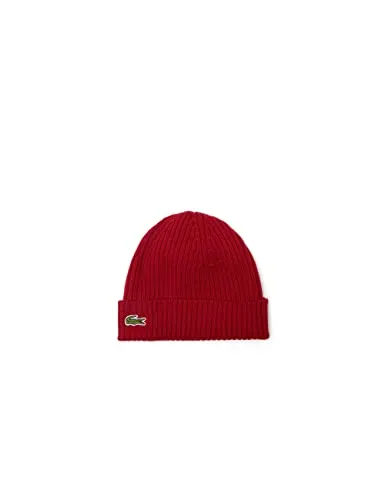 Lacoste Unisex RB0001 Beanie-Mütze, Bordeaux, Einheitsgröße - Strickmützen für Herren, mit Umschlag für extra Wärme und Krokodil-Applikation als modisches Highlight.