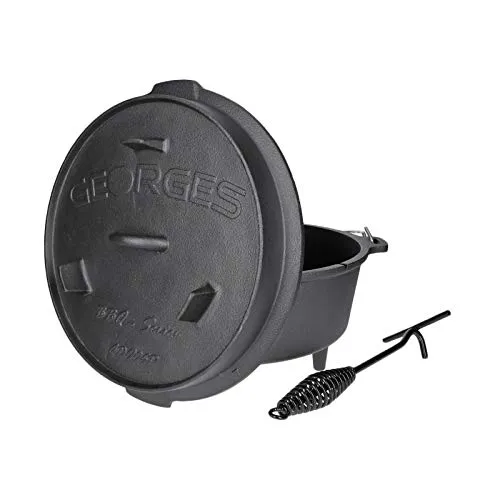 Premium Dutch Oven aus Gusseisen GDP06P (ca. 7,5 Liter) | Füße an Topf und Deckel | Thermometerdurchführung | inkl. Deckelheber | Verschiedene Größen | bereits eingebrannt (preseasoned)