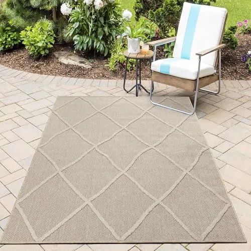 HomebyHome In& Outdoor Teppich Wetterfest, Beige 240x340 cm Teppich Küche, Waschbarer Küchenläufer Flachgewebe Sisaloptik Rauten Design Camping Terasse Balkon Outdoorteppich Garten