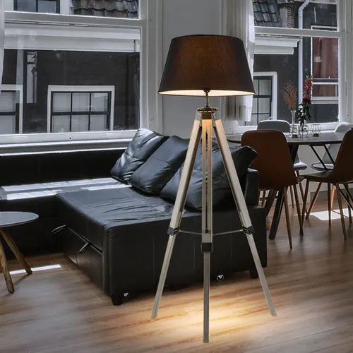 Elegante Stehleuchte Wohnzimmer grau mit Holzbeinen - Stilvolle Stehlampe aus Holz mit grauem Textilschirm, höhenverstellbar und flexibel dank 3,4 m Kabel. Ideal für modernes Wohndesign.