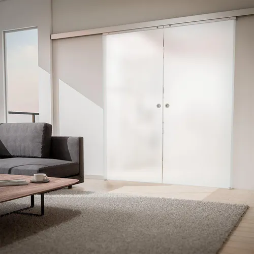 Doppelflügelige Glasschiebetür 1760x2035 - Zimmertür aus 8 mm starkem ESG-Sicherheitsglas, vollflächig satiniert für mehr Licht und Platz. Leise Laufruhe durch kugelgelagerte Rollen und einfache Montage.