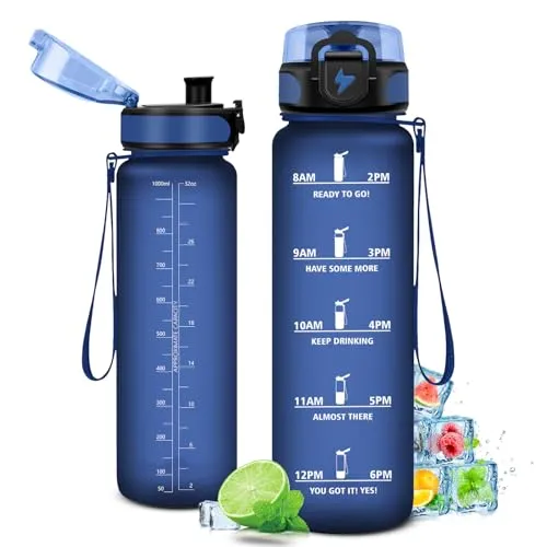 Trinkflasche 1L, Trinkflasche mit Zeitmarkierung und Filter, Auslaufsicher Wasserflasche Kohlensäure Geeignet für Fahrrad, Schule, Maedchen, Sport