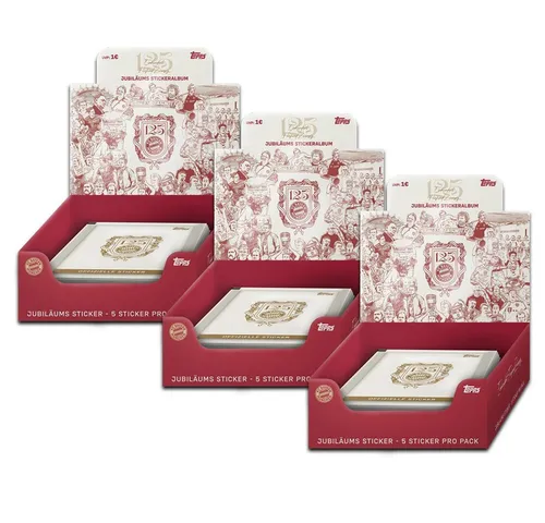 Topps Sammelkarte FC Bayern München - 125 Jahre - 3 Displays (90 Tüten) - Sammelkarte für Fans des FC Bayern München. Ideal für Sammler und Freunde des Vereins. Enthält 90 Tüten mit einzigartigen Stickern zur Feier von 125 Jahren Vereinsgeschichte.