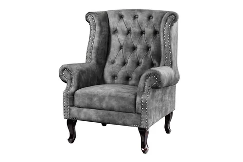 Chesterfield Ohrensessel Samt Holz in Grau Braun - Eleganter Chesterfield Sessel für Wohnzimmer, bietet Platz für bis zu 2 Personen und verleiht Ihrem Raum einen Hauch von Luxus.