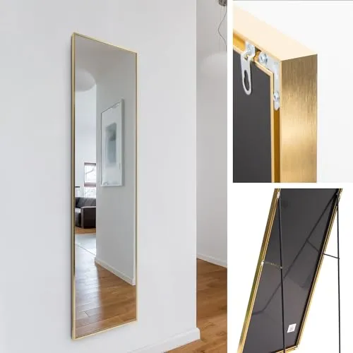 Rechteckiger Ganzkörper Standspiegel schmal 40x140cm, eingefasst im edlen goldenem Aluminium Rahmen - kristallklare Spiegelung mit High-Definition-Glas - für Schlafzimmer, Bad, Flur, Wohnzimmer