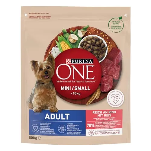 PURINA ONE Mini/Small Adult Hundefutter trocken für kleine Hunde, reich an Rind und Reis, 8er Pack (8 x 800g)