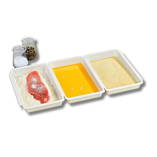 3PAGEN® Panier-Set 3-teilig, Panierschalen Set mit 3 Stück, Schalen zum Panieren 27 x 16 x 3,5 cm, Panierstraße Schnitzel, für Fleisch, Fisch und Gemüse, stapelbar, BPA frei - Kunststoff (Weiß)