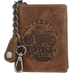 Greenburry Vintage Cafe-Racer Geldbörse RFID Leder 9,5 cm - Herren-Geldbörse aus naturbelassenem Rindleder mit RFID-Schutz, ideal für Sicherheit und Stil, 9 Fächer für Karten und Scheine sowie abnehmbare Sicherheitskette für zusätzlichen Schutz.