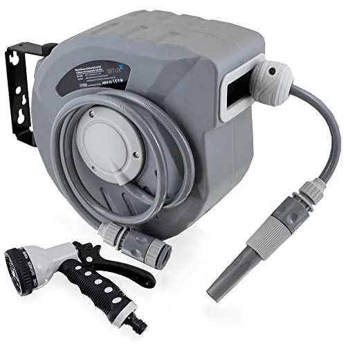 Bituxx Wand Wasser Schlauchtrommel mit Multi Schlauchpistole - Praktische Schlauchtrommel für den Garten mit 10 m Schlauch, automatischer Auffrollung und vielseitiger Multispritze – ideal für jede Gartenbewässerung.