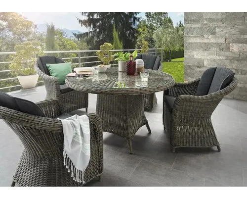 Destiny Sitzgruppe MALAGA LUNA, Polyrattan, 4 Sessel + 1 Tisch Ø 100x75 cm