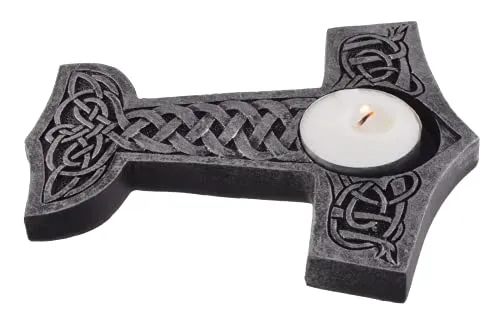 Thor's Hammer Teelichthalter - Mjölnir Kerzenhalter 14cm - Nordische Mythologie Deko - Wikinger Geschenk - Polyresin Skulptur - Fantasy Tischdekoration