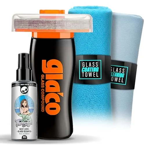 detailmate Glas Politur Set ideal zur Vorbereitung von Glasversiegelung: Soft99 Glaco Glass Compound Roll On 100ml + Auto Scheiben Glasreiniger 100ml + Glas Mikrofasertuch + Poliertuch
