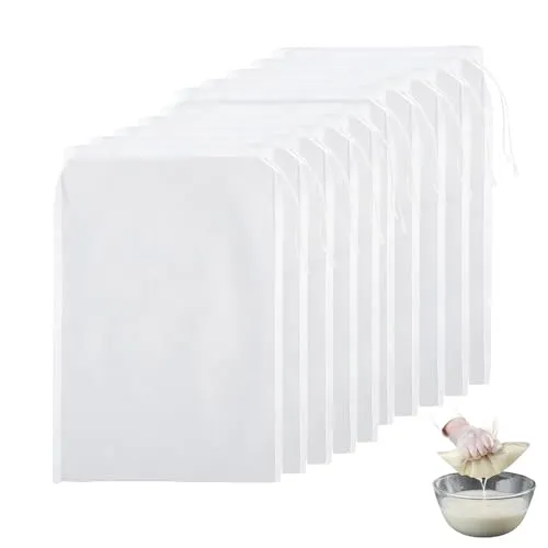 Stück Nussmilchbeutel, 20x30 cm Feinmaschiges Passiertuch Wiederverwendbar, Feinmaschiges Filter mit Kordelzug, Nylon Baumwolle Nussbeutel für Käse Fruchtsaft Kaffee Gemüsesaft 10