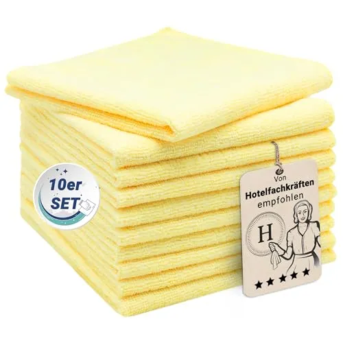 ZOLLNER 10er Set Mikrofasertücher für streifenfreien Glanz - flusenfreie und saugstarke Reinigungstücher - waschbar bis 60°C - 32x32cm in gelb - Hotelqualität