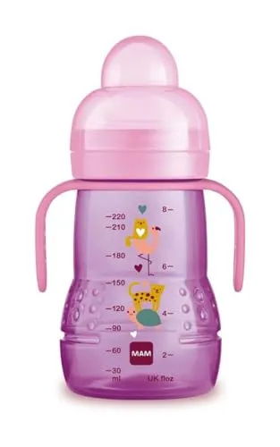 MAM Trainer-Tasse, mit Sauger aus Skinsoft Silikon, auslaufsicher, leicht zu greifen, 4+ Monate, 220 ml, Rosa, Tag