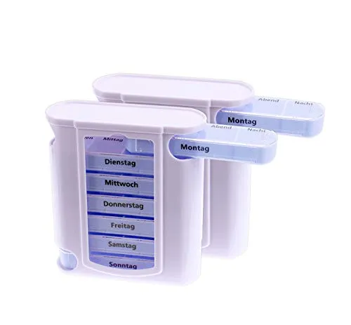 BigDean 2er Set Tablettenbox 7 Tage Wochendispenser - Praktisches 2er Set Pillenbox für 7 Tage mit klaren Fächern für Morgen, Mittag, Abend und Nacht. Ideal für eine einfache Tabletteneinnahme und perfekt für Reisen. Jede Box ist kompakt und sicher verschließbar.