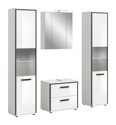 Mid.you Badezimmer Set Weiß Hochglanz, 4-teilig, 140 cm - Elegantes 4-teiliges Badezimmer Set in Weiß Hochglanz mit Holzoptik. 10 Fächer und 2 praktische Schubladen bieten viel Stauraum. Ideal für stilvolle Badgestaltung.
