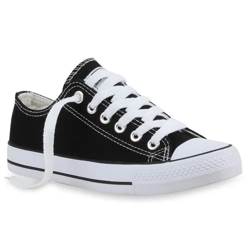 Mytrendshoe Damen Sneakers Sportschuhe Schnürer Schuhe 94237, Farbe: Schwarz Lucky, Größe: 36