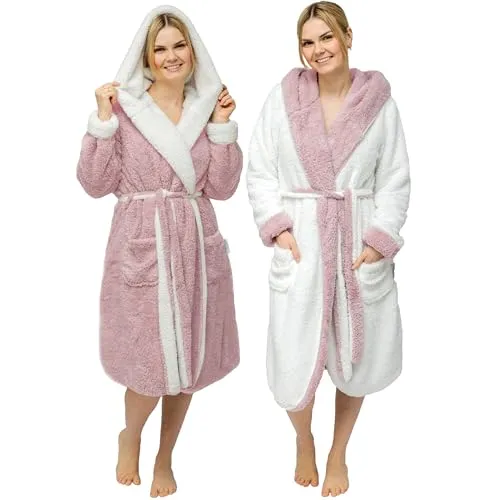 CalmyLIFE Bademantel Damen flauschig Morgenmantel mit Kapuze | mit Wendefunktion, kuschelige Bademäntel, Kuschelbademantel, Mikrofaser, Frauen, kuscheliger, Bathrobe