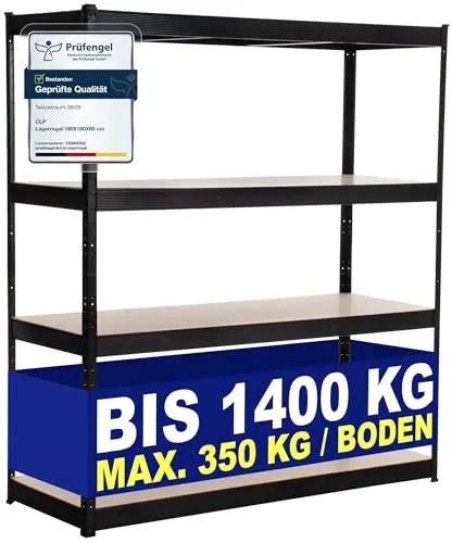 CLP Lagerregal 160x180 cm - Stabil und Flexibel - Lagerregal mit 4 höhenverstellbaren Böden, je 350 kg belastbar. Ideal für Keller, Garage oder Lagerung schwerer Gegenstände. Werkzeuglose Montage für schnellen Aufbau.