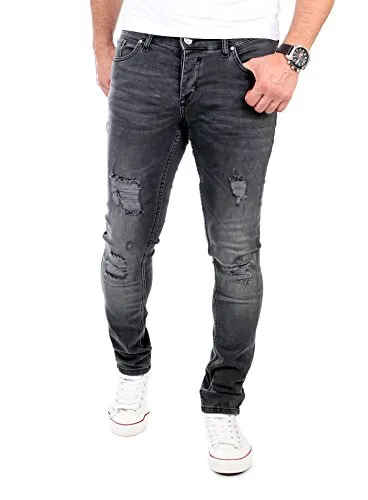 Reslad Jeans Herren Destroyed Look Slim Fit Denim Stretch Jeans-Hose RS-2062 Schwarz W30 / L34 - Stylische Herren Jeans im Destroyed Look, ideal für trendige Freizeitoutfits. Erlebe optimalen Tragekomfort und einen perfekten Sitz mit dieser hochwertigen Slim Fit Jeans.