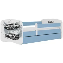 Raumhirsch Kinderbett Sportwagen, Blau, 80x160 cm - Kinderzimmermöbel mit abnehmbarer Schutzschiene für maximale Sicherheit und geräumiger Schublade für praktischen Stauraum. Inklusive bequemer Matratze für einen erholsamen Schlaf.