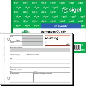 SIGEL Quittung QU619 - Formularbuch mit MwSt. separat ausgewiesen, 50 Blatt in DIN A6, umweltfreundlich und ideal für unterwegs