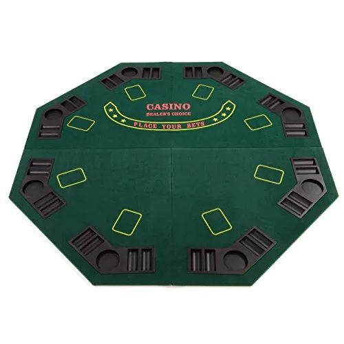 Nexos Trading Faltbare Tischauflage Casino Pokertisch - Achteckige Pokertischauflage mit Holzverstärkung, ideal für bis zu 8 Spieler. Pflegeleichter Filz, Chiptrays und Getränkehalter inklusive, klappbar und platzsparend in Tragetasche verstaut.