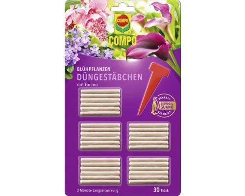 Compo Blühpflanzen Düngestäbchen mit Guano - 30 Stück, natürliche Nährstoffversorgung für bis zu 3 Monate, fördert intensive Blütenbildung und Widerstandskraft